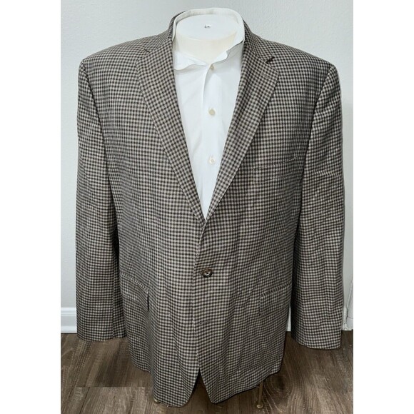 Ralph Lauren Sport Coat Men Size 48RBrown Gingham Plaid Blazer Wool Silk Linen